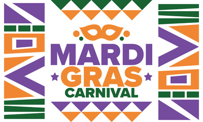 Mardi Gras Carnival in New Orleans. Fat Tuesday. Traditional holiday, celebration annual. Folk festival, costume masquerade, fun party. Carnival mask. Poster, card, banner and background. Vector