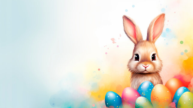 Illustration of an Easter bunny on a light background with copy space. Cute bunny and easter eggs. Happy Easter!