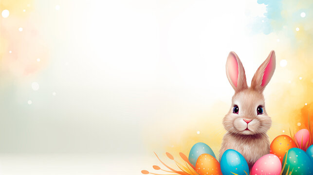 Illustration of an Easter bunny on a light background with copy space. Cute bunny and easter eggs. Happy Easter!