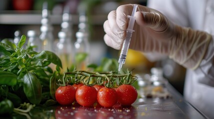 Obraz na płótnie Canvas Food modification, syringe tomato in laboratory