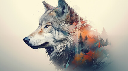 Wolf on a light background with double exposure