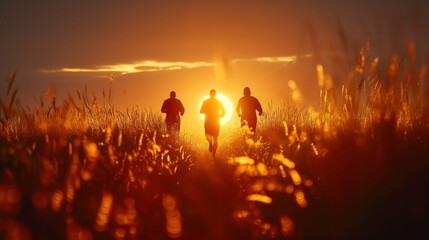 Group of running people on sun silhouette