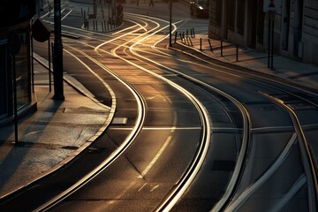 high angle shot of tram tracks curving through streets