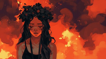 sad girl with a black wreath on her head against a background of smoke and fire.