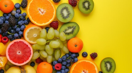 An array of colorful fresh fruits, including oranges, kiwis, grapes, and berries, artfully arranged on a vibrant yellow background