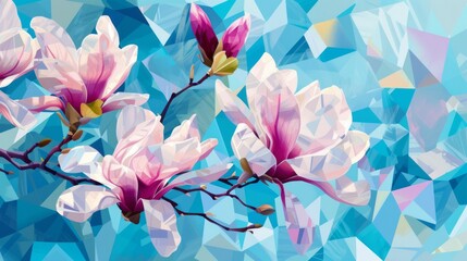 An artistic illustration featuring delicate pink magnolia flowers in bloom, set against a geometric mosaic-like blue background