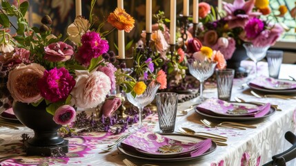 Fototapeta na wymiar An elegantly set table with vibrant floral arrangements and patterned textiles, creating a festive and inviting dining atmosphere