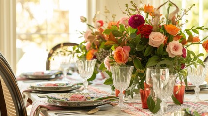 An elegantly set table with vibrant floral arrangements and patterned textiles, creating a festive and inviting dining atmosphere