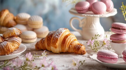 An elegant assortment of baked goods with golden croissants, delicate pink macarons and treats