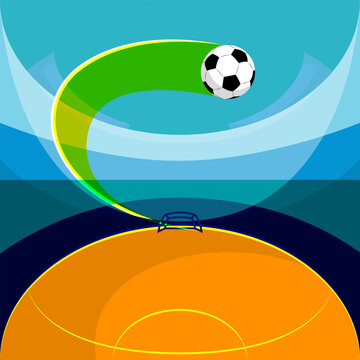 Soccer ball in motion, flying over field towards goal. Dynamics, action. Promotional image for soccer tournament broadcast. Concept of sport event, competition, game. Creative colorful design