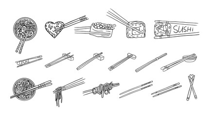 Big set of different chopsticks used in Asia in doodle style. Bamboo sticks. Chinese and japanese chopsticks, sushi chopsticks, noodle and rice chopsticks. Hand drawn