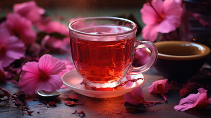 Hibiscus tea in glass cup. Cup of hibiscus tea and dry hibiscus petals