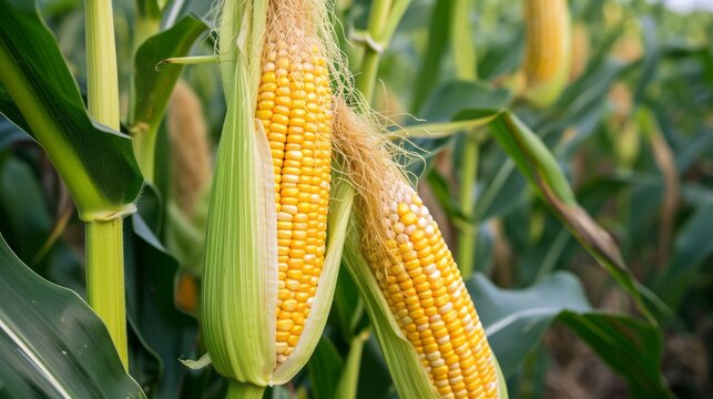 Corn cobs in corn plantation field