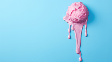Pink ice cream melting on pastel blue background. Summer concept. - obrazy, fototapety, plakaty