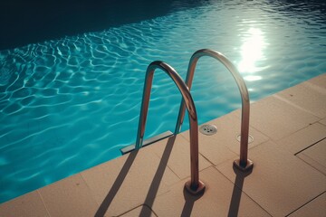 morning sun casting shadows in an empty pool with a ladder