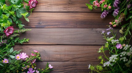 Fototapeta na wymiar Garden flowers and plants on isolated wooden board background with copyspace