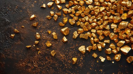 Golden nuggets of varying sizes scattered across a dark, textured surface, conveying a sense of luxury and wealth