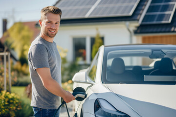 A man is charging his white electric car with a home charging station in front of a sustainability-focused house. With the solar panels on the roof.
