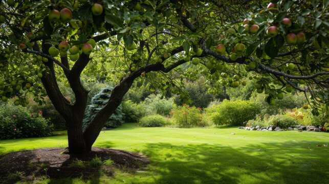 Green apple-laden tree focal point, lush garden