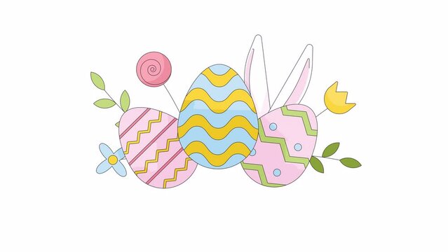 Easter eggs spring flowers line 2D object animation. Decorative ornament. Eastertime holiday flat color cartoon 4K video, alpha channel. Springtime floral eastereggs animated item on white background