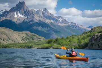 kayaker on a lake with a fishfin mountain backdrop