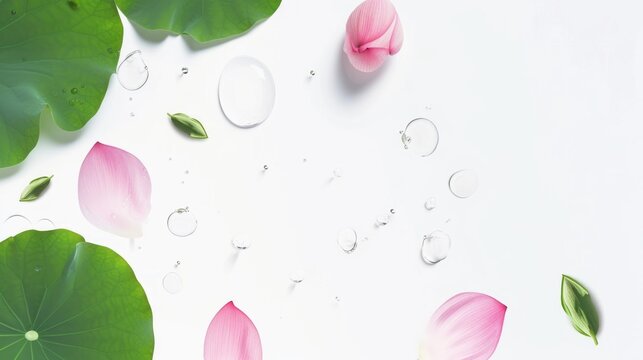 Lotus petals, water drop and leaf falling in white background