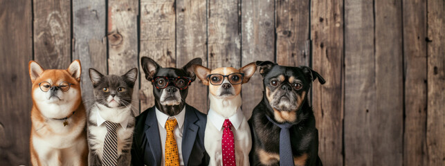 funny dogs. animals with glasses look at the camera. animals in a group together looking at the camera. An unusual moment full of fun and fashion consciousness.