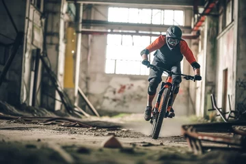 Fotobehang cyclist riding a mountain bike through the empty factory space © Natalia