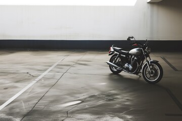 empty parking facility with a single motorcycle parked in the corner