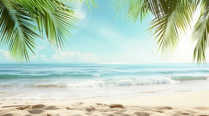 Fototapeta na wymiar Serene summer beach scene with palm leaves, sand, and sea