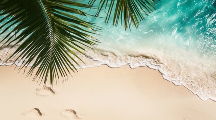 Fototapeta na wymiar Serene summer beach scene with palm leaves, sand, and sea
