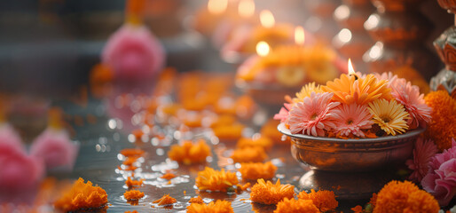 Indian Traditional flower decoration, Indian festival garland. Ugadi background witj candles