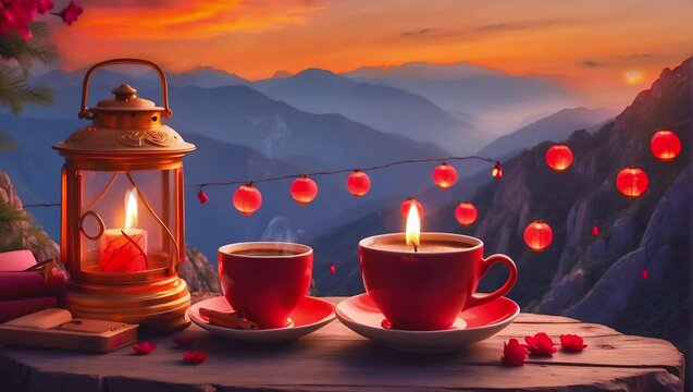 a cup of coffee and candles from the top of the mountain 4k and HD .