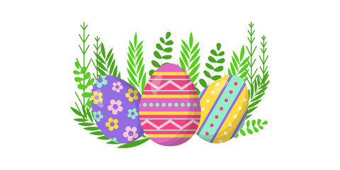 Colorful Easter eggs with leaves