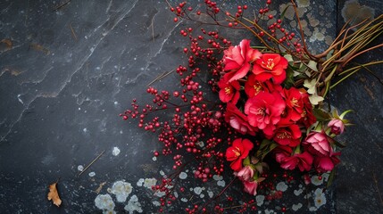red flowers on a black background with space for text.