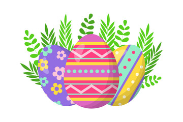 Colorful Easter eggs with leaves