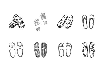 Set of different flip flops, slates and footprints in the sand in doodle style. Summer time. Beach shoes. Beach fashion. Hand drawn. Great for poster, banner and professional design.  - obrazy, fototapety, plakaty