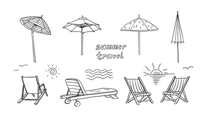 Big set of summer time theme elements in doodle style. Beach umbrella, deck chair, beach chair, sun lounger. Travel design. Adventure. Hand drawn vector illustration. Great for poster, banner © Natalia