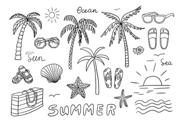 Big set of summer time theme elements in doodle style. Palm trees, shells, sun, beach bag, flip flops, sunglasses. Travel design. Adventure. Hand drawn vector illustration. Great for poster, banner - obrazy, fototapety, plakaty