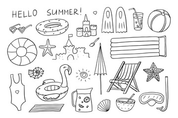 Set of summer time theme elements. Sand castles, inflatable rubber circle, shells, beach chair, diving mask, inflatable mattress. Travel design. Adventure. Hand drawn. Doodle. Great for poster, banner