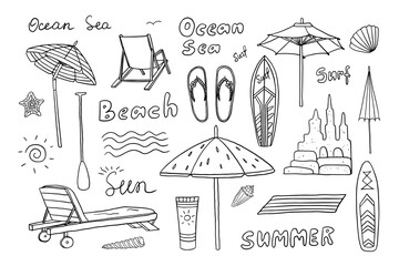 Big set of summer time theme elements. Beach umbrella, SUP, surfboard, shells, sand castles, flip flops, Travel design. Adventure. Hand drawn. Doodle style. Great for poster, banner
