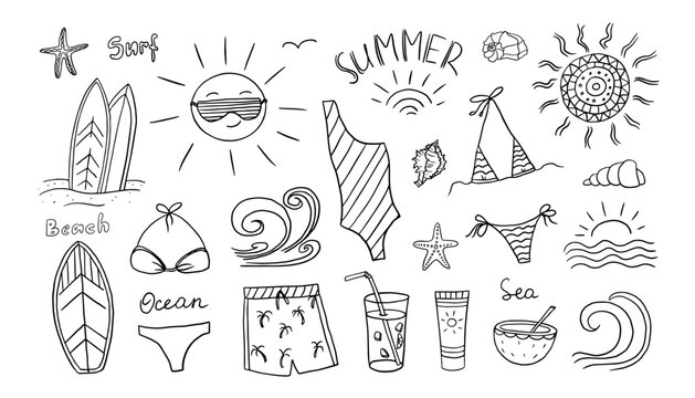 Big set of summer time theme elements in doodle style. Sun in sunglasses, swimsuit, swimming trunks, waves, drink, surf, shells, starfish, beach. Travel design. Adventure. Hand drawn