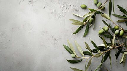 Wild olive branches on gray background. Copy space