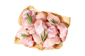 chicken thigh fillet cut into cubes.  Isolated, Transparent background.