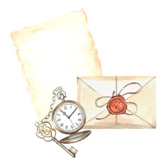 Sheet of old parchment handwritten paper, envelop, pocket watch and key. Hand drawn watercolor illustration template of vintage letter. Isolated retro composition for design card, packaging, stickers