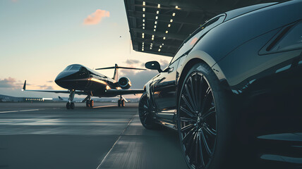 Luxury Sports Car and Private Jet Tarmac at Twilight - obrazy, fototapety, plakaty