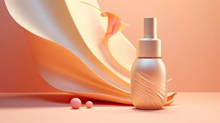 Fotobehang minimalist pop art styled product scene in peach colors, single small beauty product bottle, © neirfy