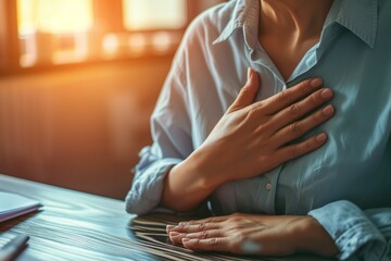 person clutching their chest with both hands while sitting at a desk