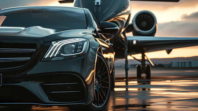 Luxury Car and Private Jet on Airport Tarmac