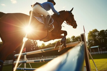 rider in blue leading horse over a sunlit oxer jump - obrazy, fototapety, plakaty